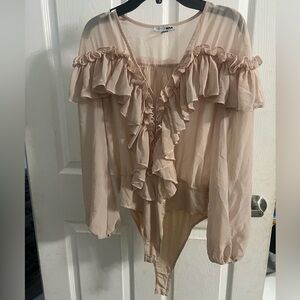 Fashion Nova Blush Pink Ruffle Sheer Long Sleeve Bodysuit Size S